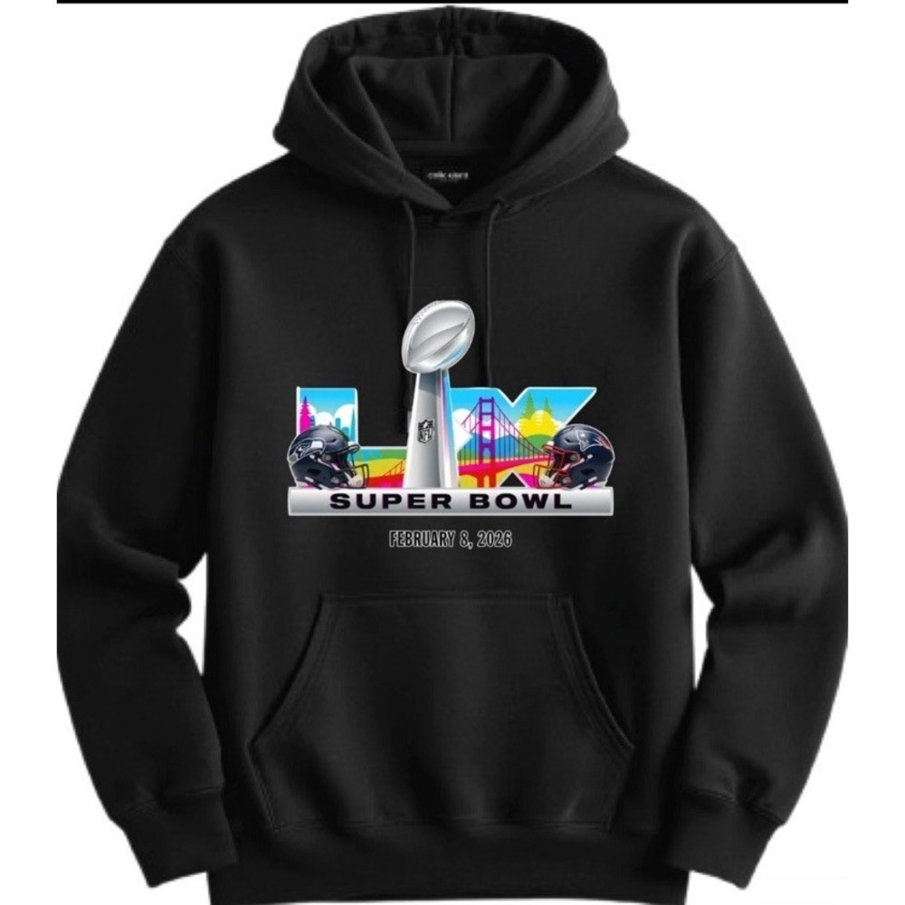 Super Bowl LX 2026 Black Hoodie Seattle New England Adult Unisex *2XL*